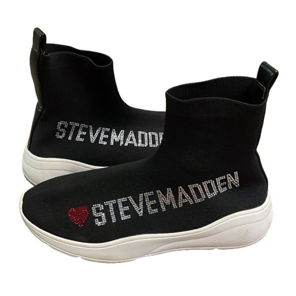Steve Madden Black Bling Logo Sock Bootie Sneaker Womens Size 9M